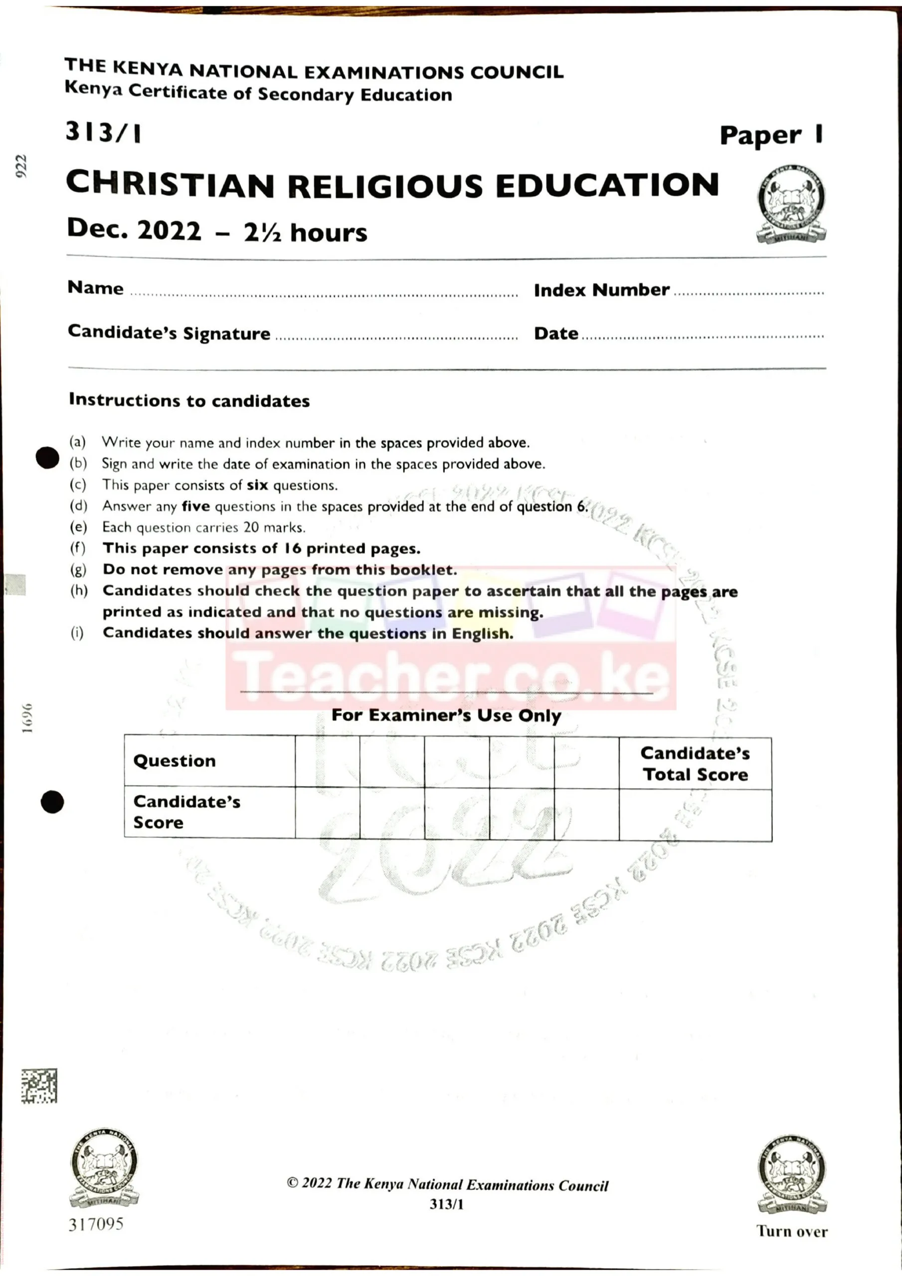 Thum 2022 KCSE CRE Paper 1 Teacher Co Ke Scaled