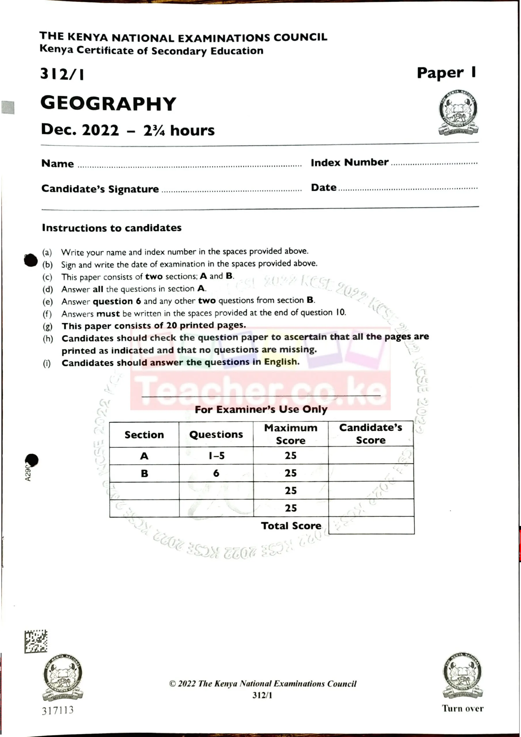 Thum 2022 KCSE Geography Paper 1 Teacher Co Ke Scaled