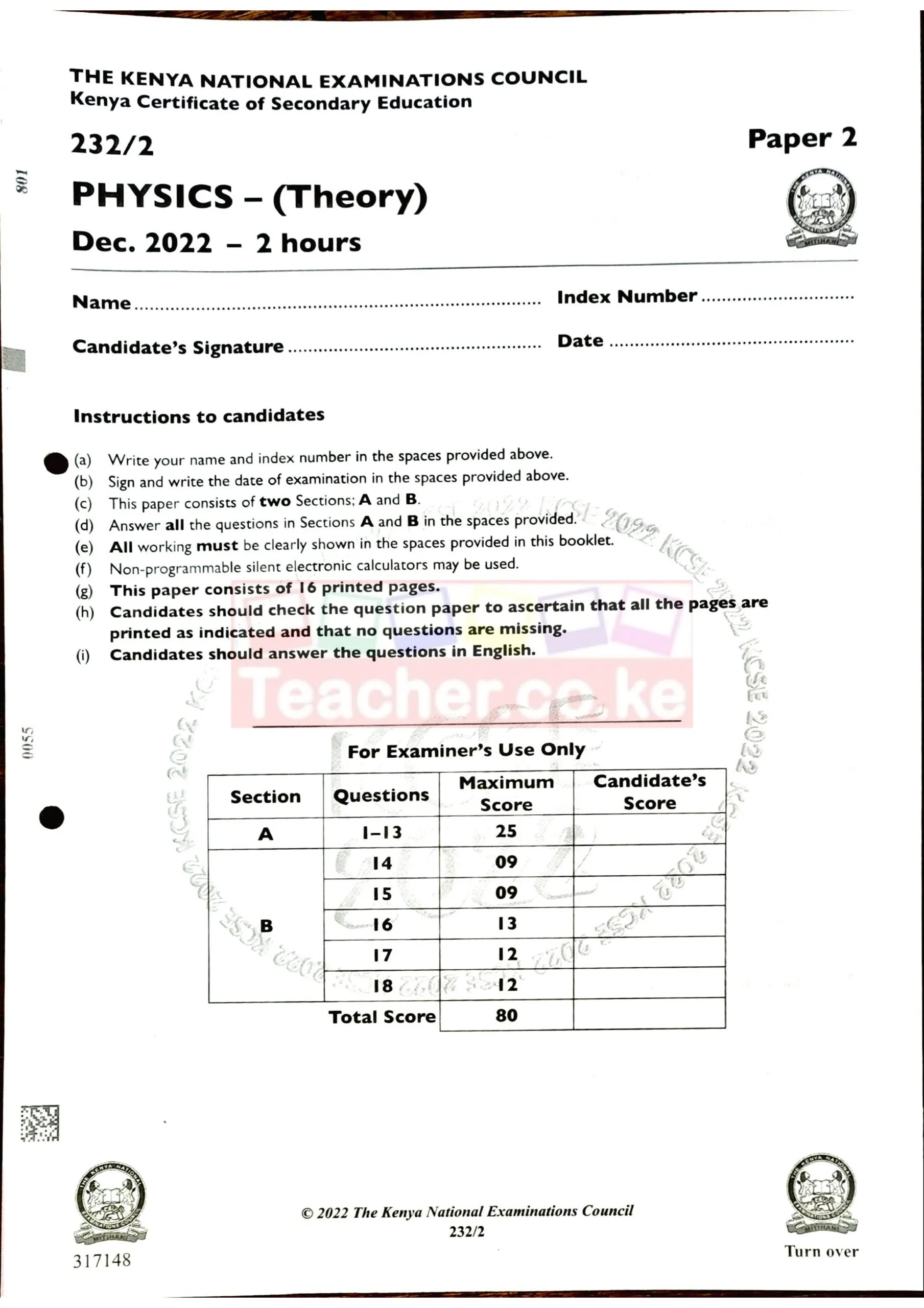 Thum 2022 KCSE Physics Paper 2 Teacher Co Ke Scaled