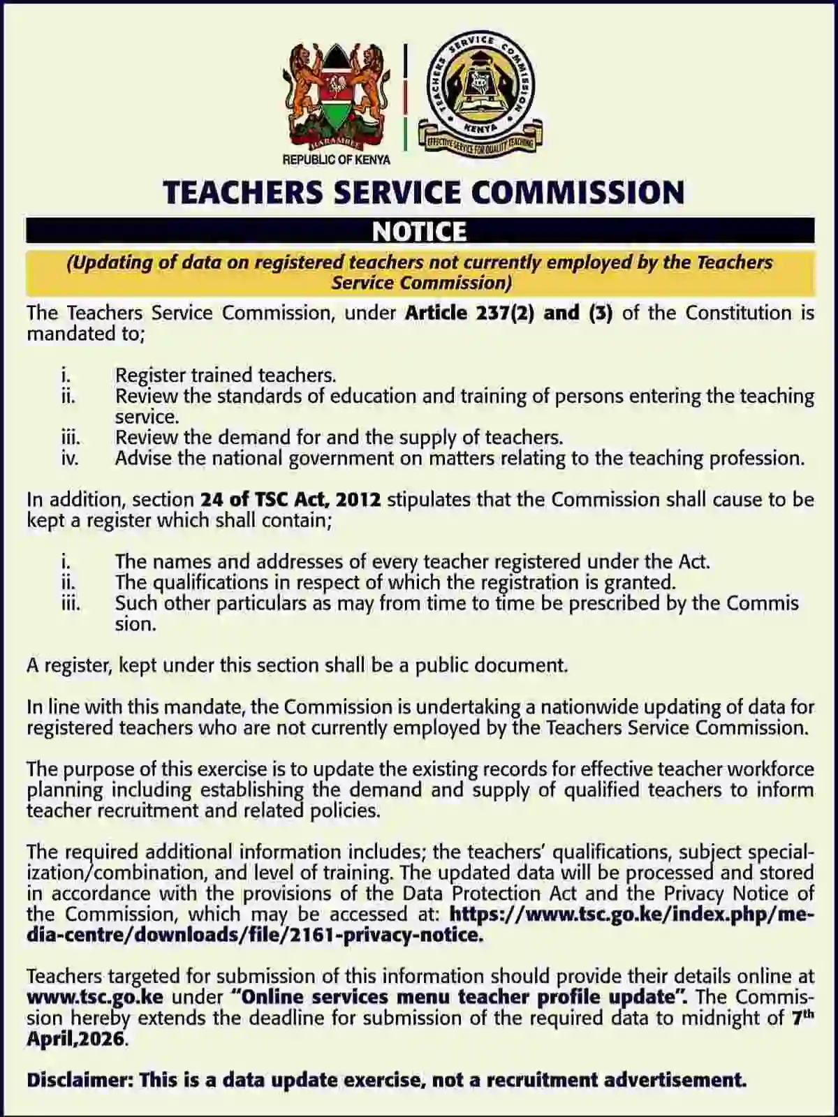 TSC Extends Deadline for Unemployed Teachers' Profile Update to April 2026