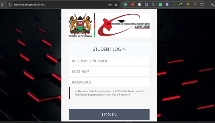 KUCCPS placement portal application screen showing login page