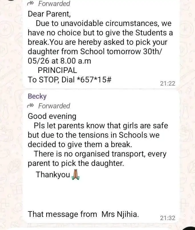 Message sent to Kahuhia Girls High School Parents.